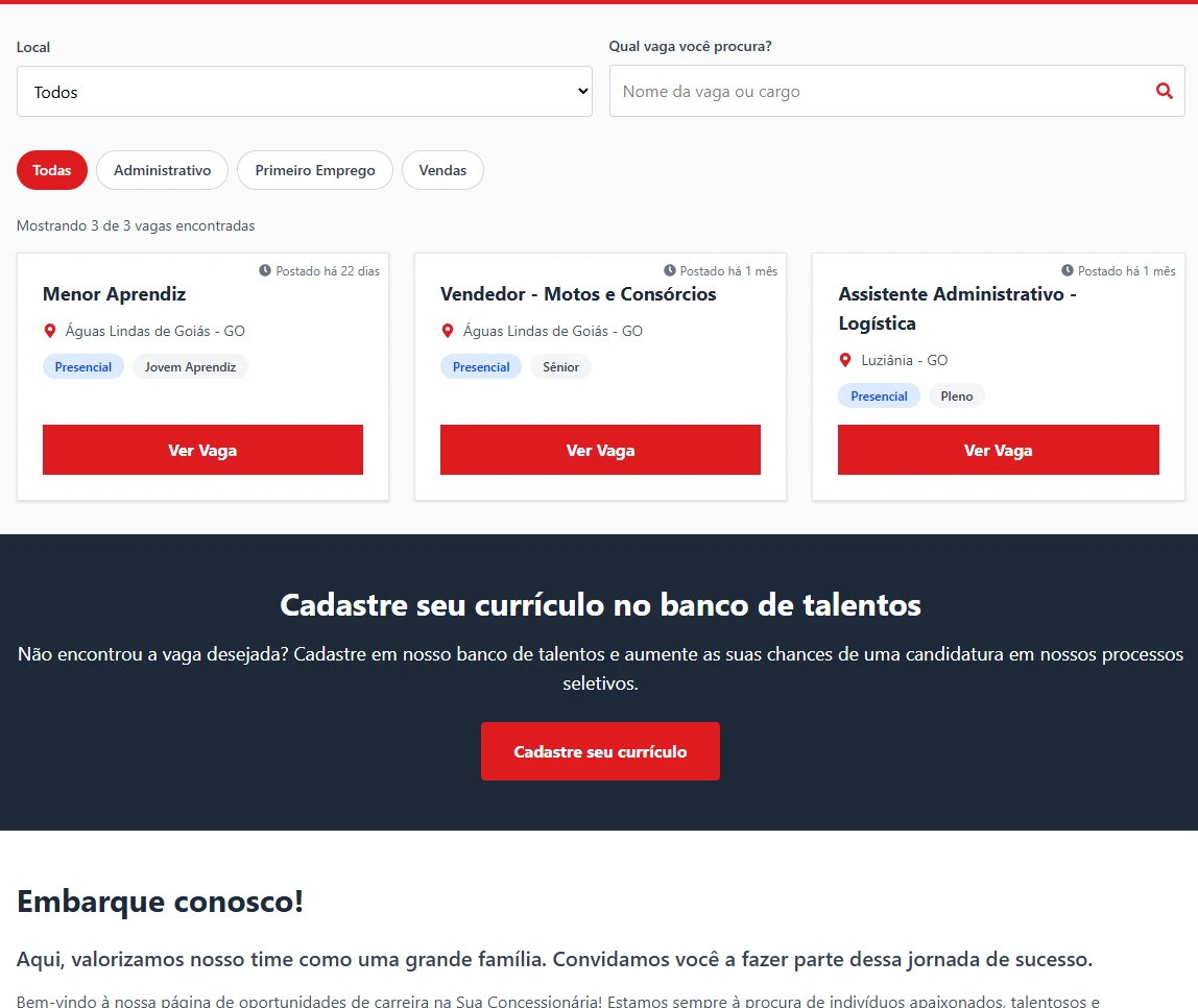 Visão geral da nova página de vagas e carreiras.